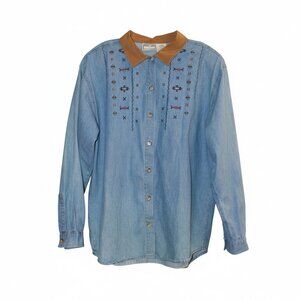 Share New Look Women's Blue Denim Embroidered Long Sleeve Button Up Size Large